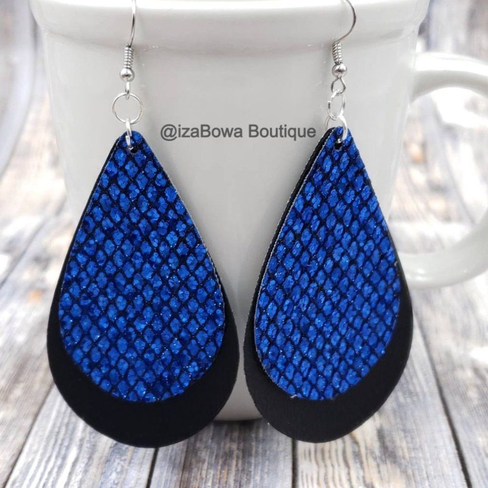 Royal & Black Chunky Glitter Double Layer Faux Leather Earring ER1656 Handmade